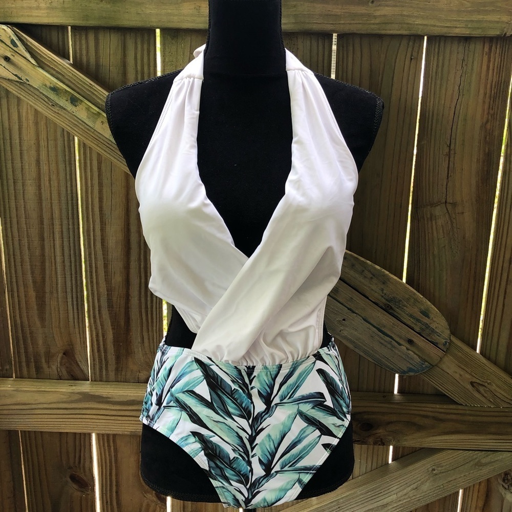 Vibesicily Colorblock Green Leaf Halter High Waist One Piece Swimsuit Size L